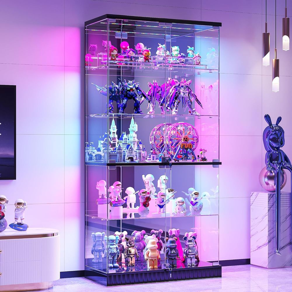 Glass Cabinet Display - LED-Illuminated 5-Tier Lockable Glass Display Cabinet